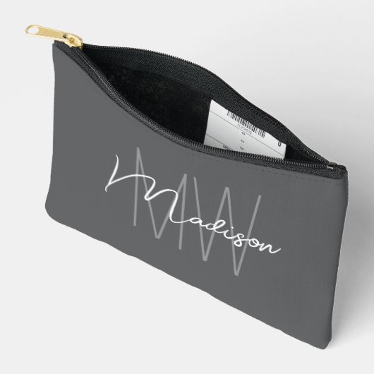 Pochette À Accessoires Monogramme Moderne Nom Script Gris (Ouvrir)