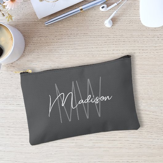 Pochette À Accessoires Monogramme Moderne Nom Script Gris