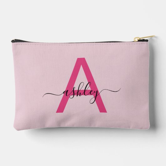 Pochette À Accessoires Monogramme rose chaud Nom de la fille Script (Verso)