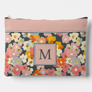 Pochette À Accessoires Monogramme rose floral moderne rétro initial