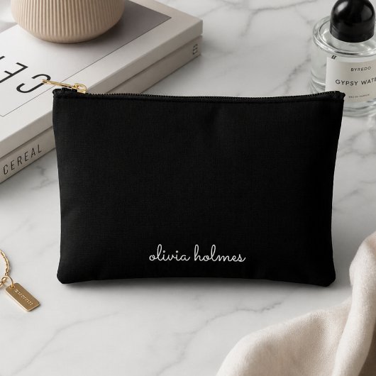 Pochette À Accessoires Monogramme Tendance | Nom de Script Noir Moderne
