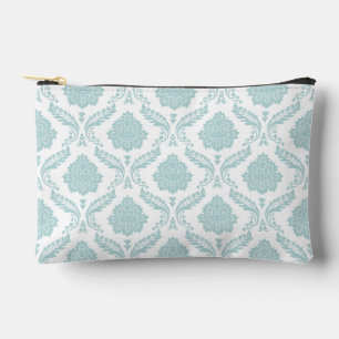 Pochette À Accessoires Motif Damassé Rococo Bleu Canard sur Fond Blanc