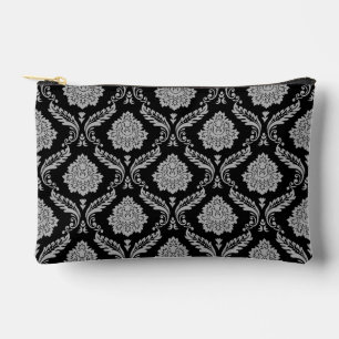 Pochette À Accessoires Motif Damassé Rococo Gris sur Fond Noir