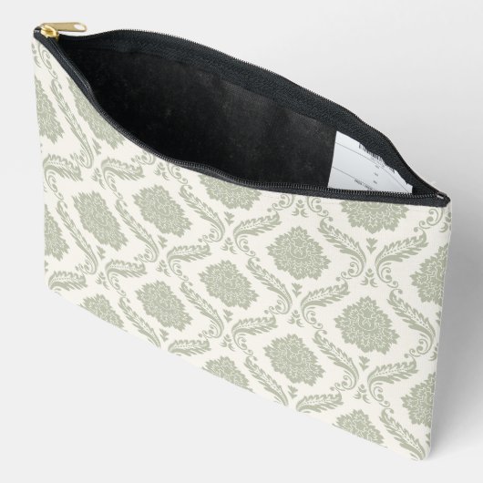 Pochette À Accessoires Motif Damassé Rococo Vert sur Crème (Ouvrir)