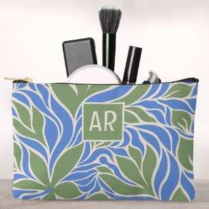 Pochette À Accessoires Motif floral moderne vert et bleu avec monogramme
