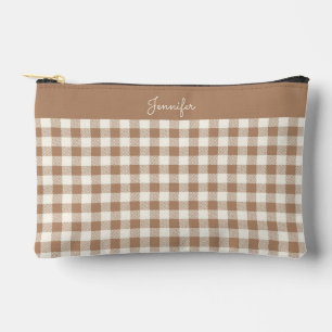 Pochette À Accessoires Motif Gingham Bohème Carreaux Marron Nom