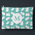 Pochette À Accessoires Motif lapin mou sur Monogramme Turquoise<br><div class="desc">Adorable motif lapin blanc sur turquoise (vous pouvez customiser la couleur arrière - plan)</div>