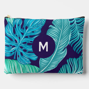 Pochette À Accessoires Motif monogramme de feuilles vert bleu tropical