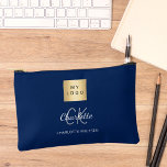 Pochette À Accessoires Navy blue white business logo name monogram<br><div class="desc">Navy blue background,  white and gray text. Personalize and add your business logo,  first name,  monogram initials and full name.</div>