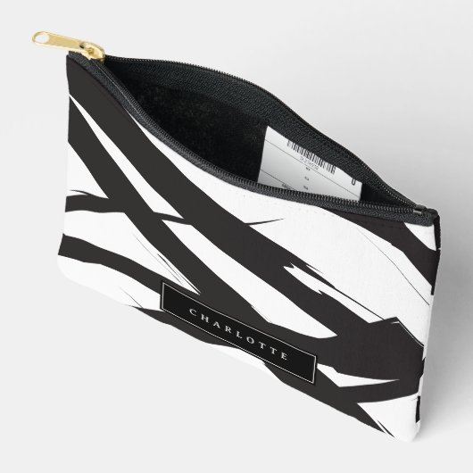 Pochette À Accessoires Noir & blanc Ligne d'Art Abstrait moderne Nom pers (Ouvrir)
