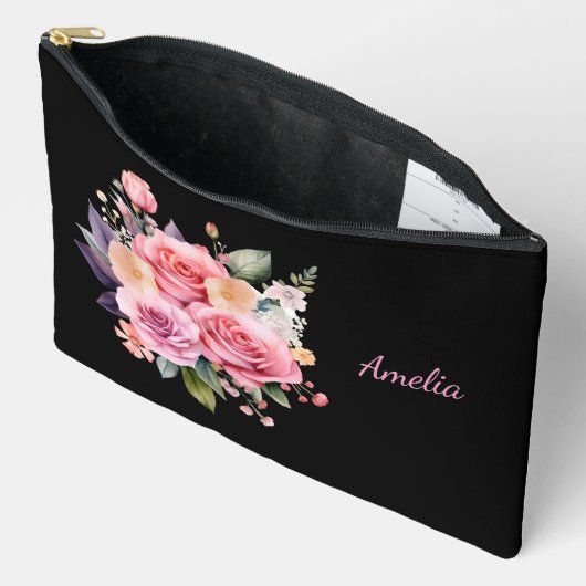 Pochette À Accessoires Noir Simple Et Élégant Avec Fleurs (Ouvrir)