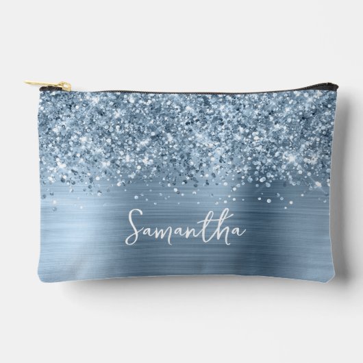 Pochette À Accessoires Nom de script glamour bleu clair pailleté (Recto)