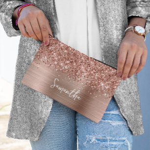 Pochette À Accessoires Nom de script glamour rose doré pailleté