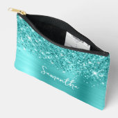 Pochette À Accessoires Nom de script glamour turquoise bleu pailleté (Ouvrir)