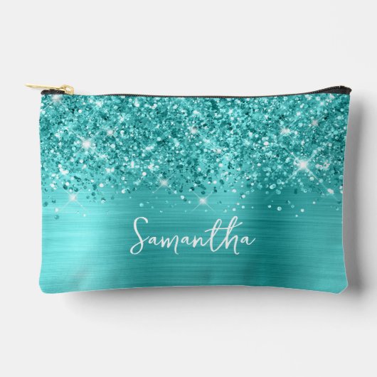 Pochette À Accessoires Nom de script glamour turquoise bleu pailleté (Recto)
