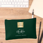 Pochette À Accessoires Nom du logo de l'entreprise verte monogramme<br><div class="desc">Arrière - plan vert foncé,  texte blanc et gris. Personnalisez et ajoutez le logo de votre entreprise,  votre prénom,  vos initiales monographiques et votre nom complet.</div>