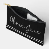 Pochette À Accessoires Nom du monogramme Grilles blanches noires modernes (Ouvrir)