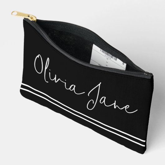 Pochette À Accessoires Nom du monogramme Grilles blanches noires modernes (Ouvrir)