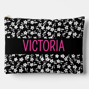Pochette À Accessoires Nom en motif floral rose noir et blanc