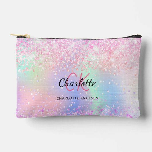 Pochette À Accessoires Nom monographique en violet rose holographique (Recto)