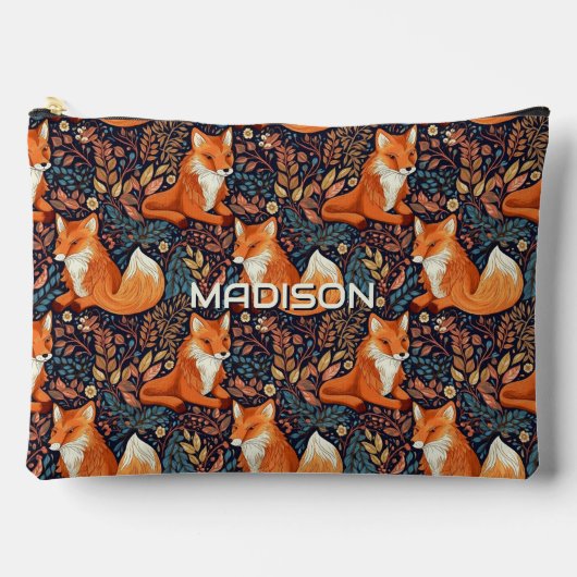 Pochette À Accessoires Nom personnalisé Foxes et Motif de feuilles (Recto)