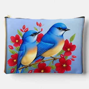 Pochette À Accessoires Oiseaux bleus colorés perchés parmi les fleurs rou