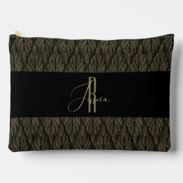Pochette À Accessoires Or brun motif de feuille en cuir et monogramme