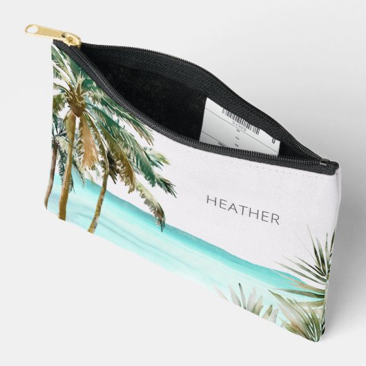 Pochette À Accessoires Palmier tropical Monogramme Plage Bleue Feuille (Ouvrir)