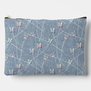 Pochette À Accessoires Papillons en relief aquarelle sur lin bleu denim