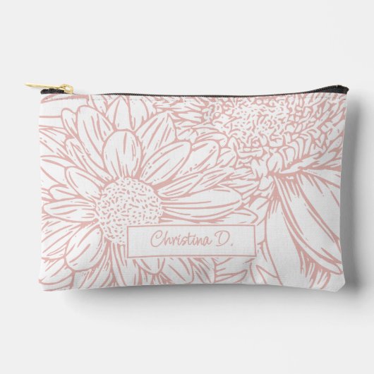 Pochette À Accessoires Peachy Pink on White Chrysanthemums with Name (Recto)
