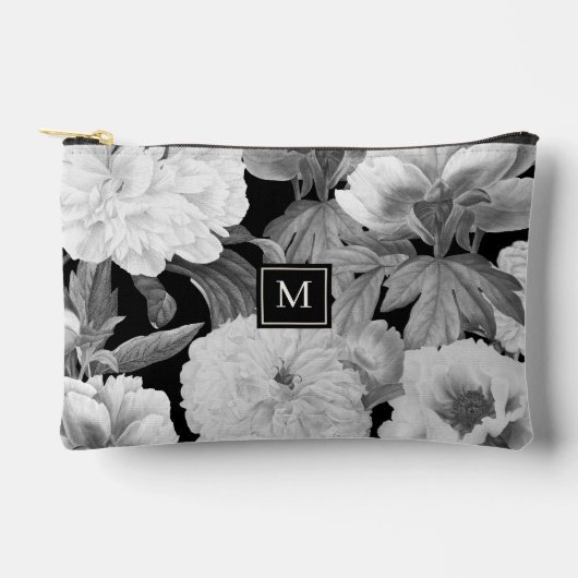 Pochette À Accessoires Peonies noires et blanches Aquarelle Monogramme fl (Recto)