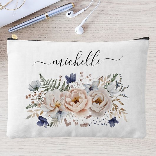 Pochette À Accessoires Personalized Watercolor Pretty Beige Blue Floral