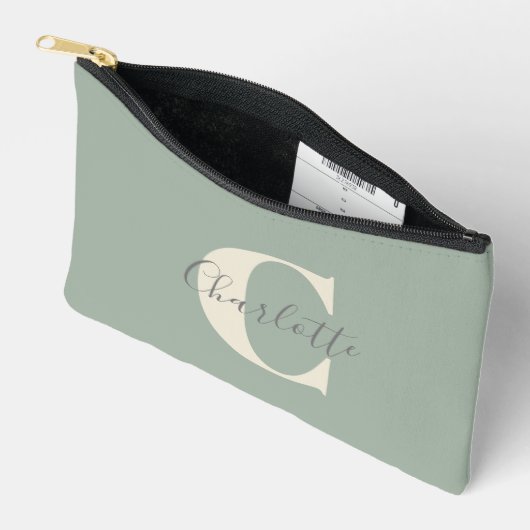 Pochette À Accessoires Personnalisé Simple Monogramme Nom Sage Style (Ouvrir)