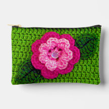 Pink Flower Grass Green Leaf Artisan Crochet Impri