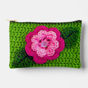 Pochette À Accessoires Pink Flower Grass Green Leaf Artisan Crochet Impri