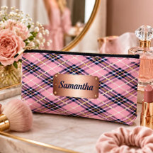 Pink Plaid with Name Preppy Navy and Gold Tartan