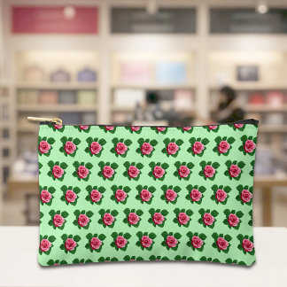 Pochette À Accessoires Pink Rose Seamless Pattern on Light Green Pouch
