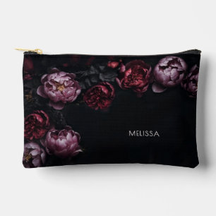 Pochette À Accessoires Pivoines rouges violettes 3D sur fond noir