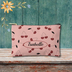 Pochette À Accessoires Polka Dot Cherry Motif et Nom personnalisé