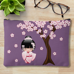 Pochette À Accessoires Poupée Kokeshi au kimono rose sur fond violet
