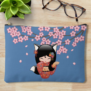 Pochette À Accessoires Poupée Kokeshi Kitsune - Fille Geisha Renard Noir