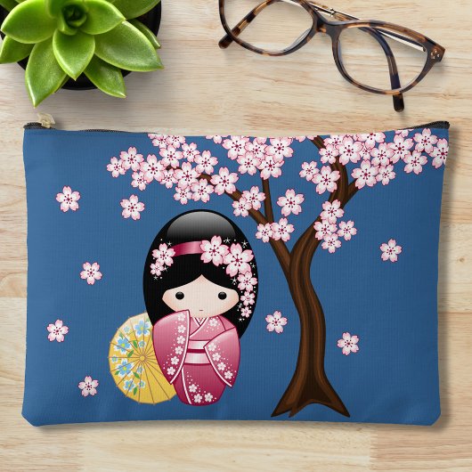 Pochette À Accessoires Poupée Kokeshi Spring - Cute Japonaise Geisha Blue