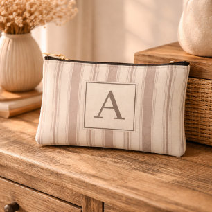 Pochette À Accessoires Rayure rustique initiale beige et taupe de ferme