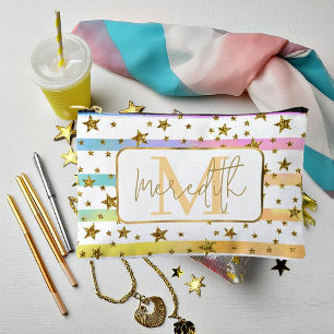 Pochette À Accessoires Rayures pastel et étoiles dorées personnalisées