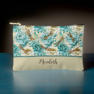 Pochette À Accessoires Romantique Floral Aqua Roses libellules Monogramme