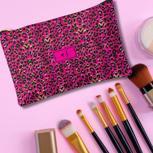 Pochette À Accessoires Rose Chaude & Imprimé Léopard Noir Monogrammé