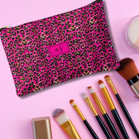 Pochette À Accessoires Rose Chaude & Imprimé Léopard Noir Monogrammé