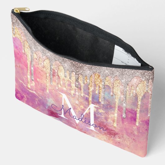 Pochette À Accessoires Rose chic rose parties scintillant gouttes monogra (Ouvrir)