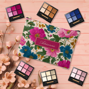 Pochette À Accessoires Rose Clair et Floral Bleu sur Crème