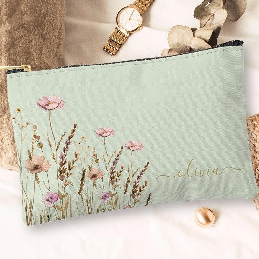 Pochette À Accessoires Rose Gold Floral Sage Vert Or Nom Monogramme